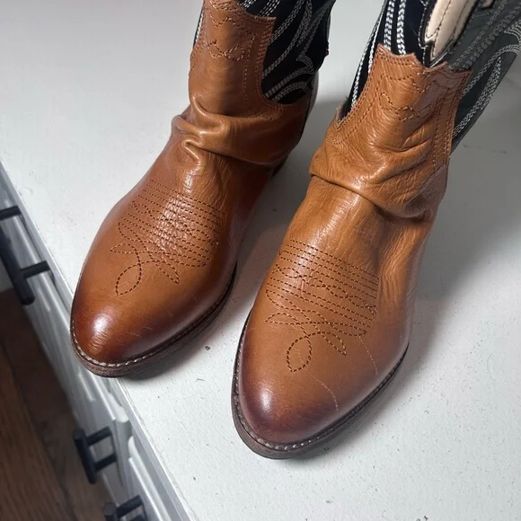 Sam Edelman Western Cowboy Boots Eagle Stitch Leather Brown Women’s 9.5M